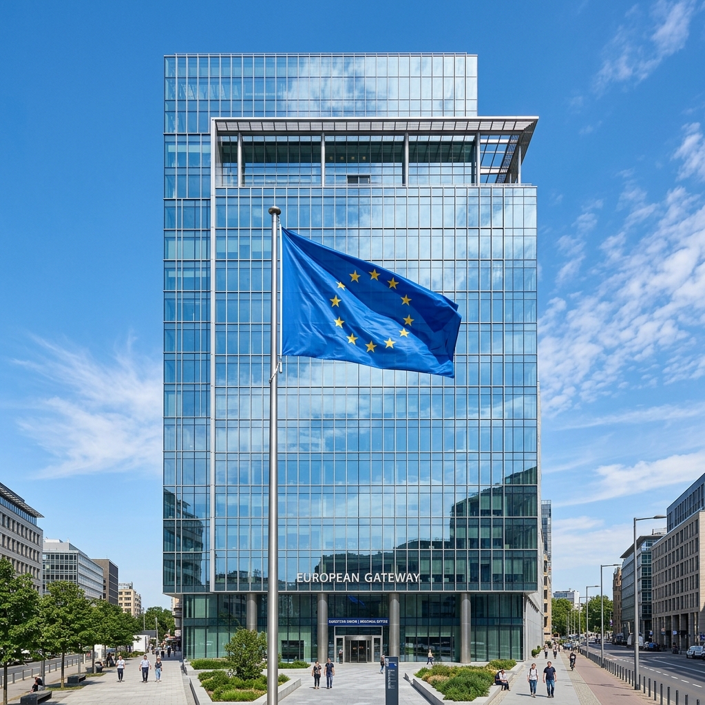 Modern Corporate Glass Building Reflecting EU Flag